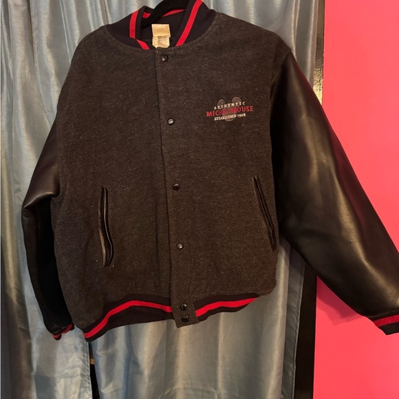 Disney Mickey Mouse Wool Leather Varsity Jacket Mens Medium Black Gray EUC - Picture 1 of 16